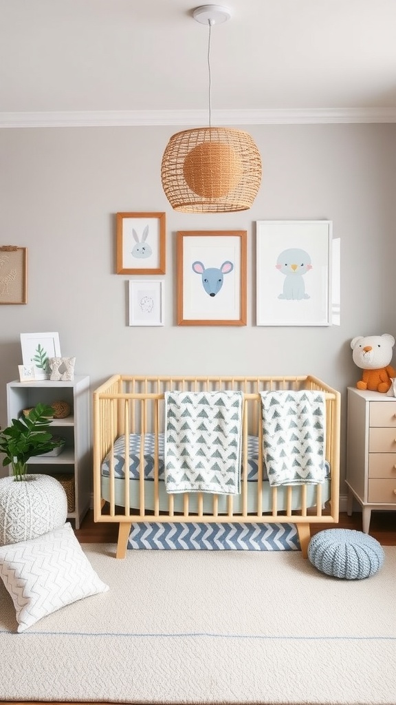 A gender-neutral kids nursery featuring a wooden crib, playful wall art, and soft accessories.