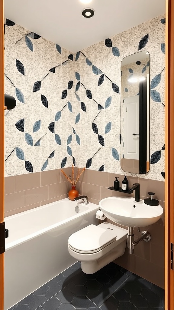 A contemporary bathroom featuring geometric wallpaper with blue leaves and modern fixtures.