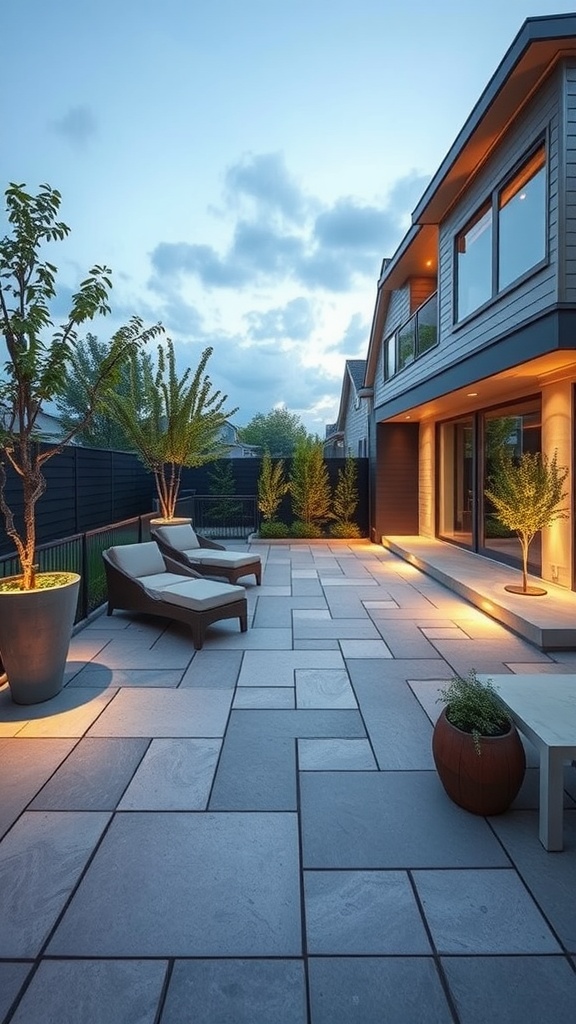 A modern paver patio featuring geometric designs with lounge chairs and ambient lighting.