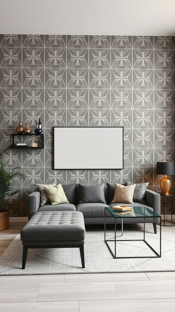 A stylish living room featuring geometric wallpaper, a grey couch, and a glass coffee table.