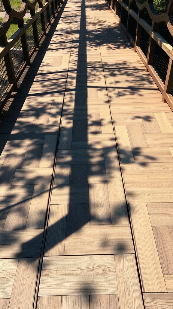 A wooden walkway with geometric patterned decking, showcasing light and shadow effects.