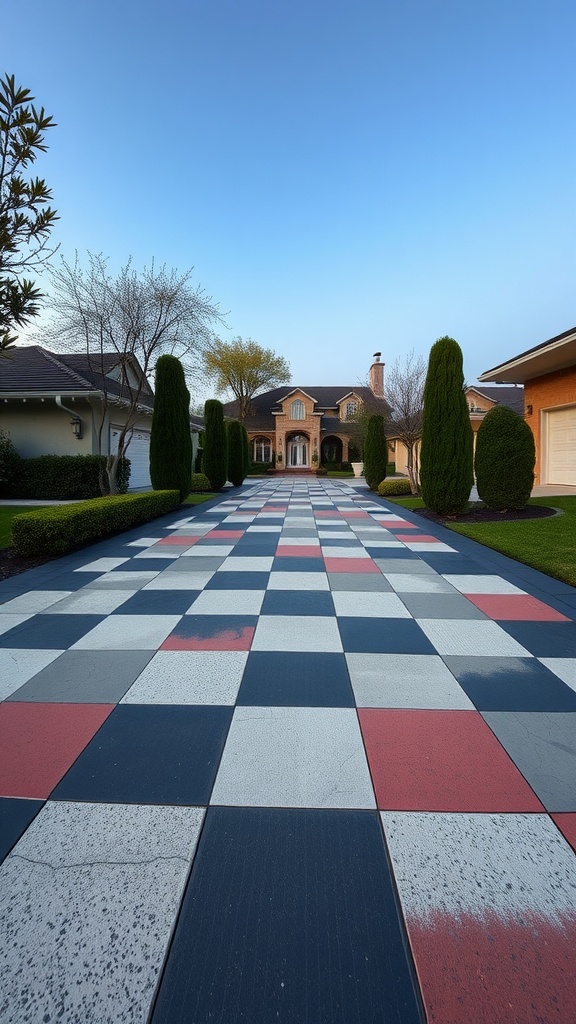 Checkerboard patterned cement driveway with black, white, and red pavers leading to a house