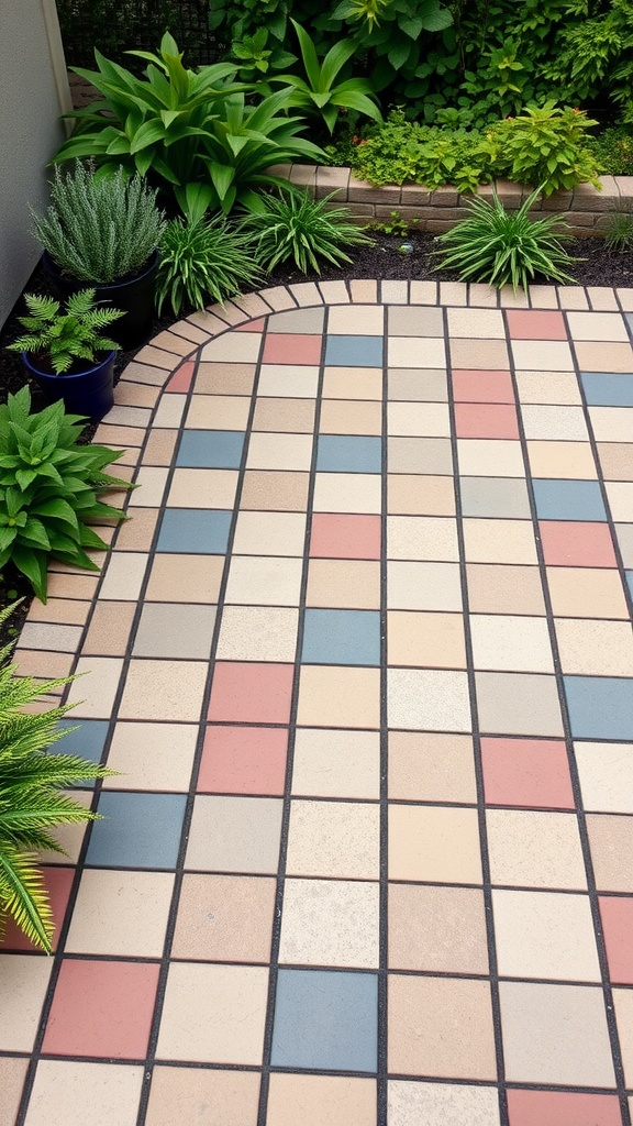 A geometric patterned paver patio with contrasting colors surrounded by greenery.