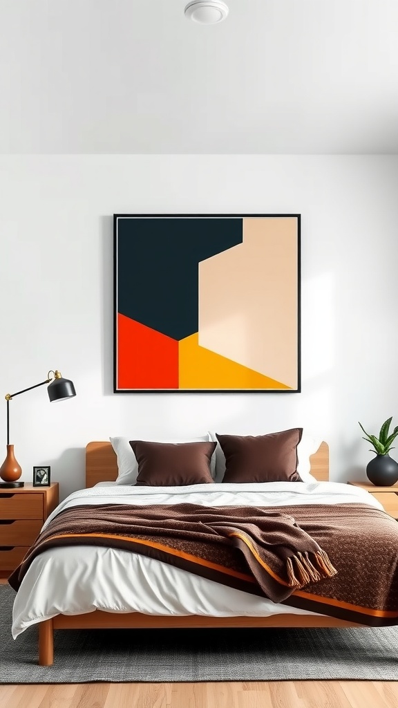 A modern bedroom featuring geometric wall art above the bed, with a warm color palette.