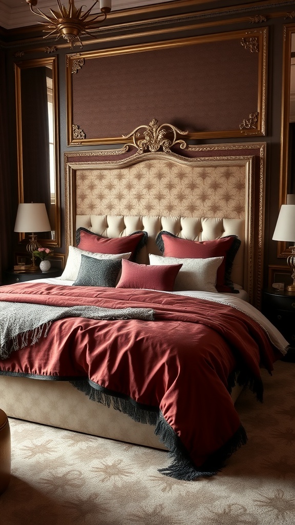 A glamorous bedroom with rich bedding combinations, featuring a deep red throw blanket, various decorative pillows, and elegant headboard details.