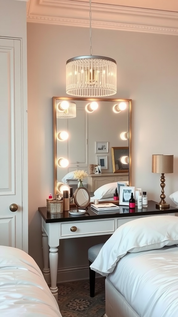 A chic vanity station in a bedroom nook featuring elegant lighting and organized beauty products.