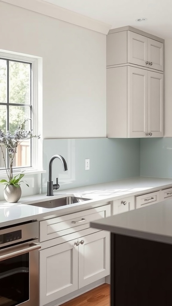 Modern farmhouse kitchen with glass paneling backsplash, light cabinets, and dark countertops.