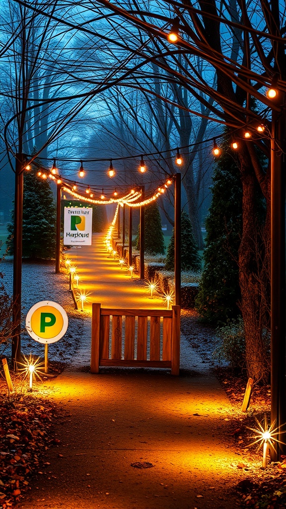 A beautifully lit outdoor pathway featuring string lights and illuminated signs