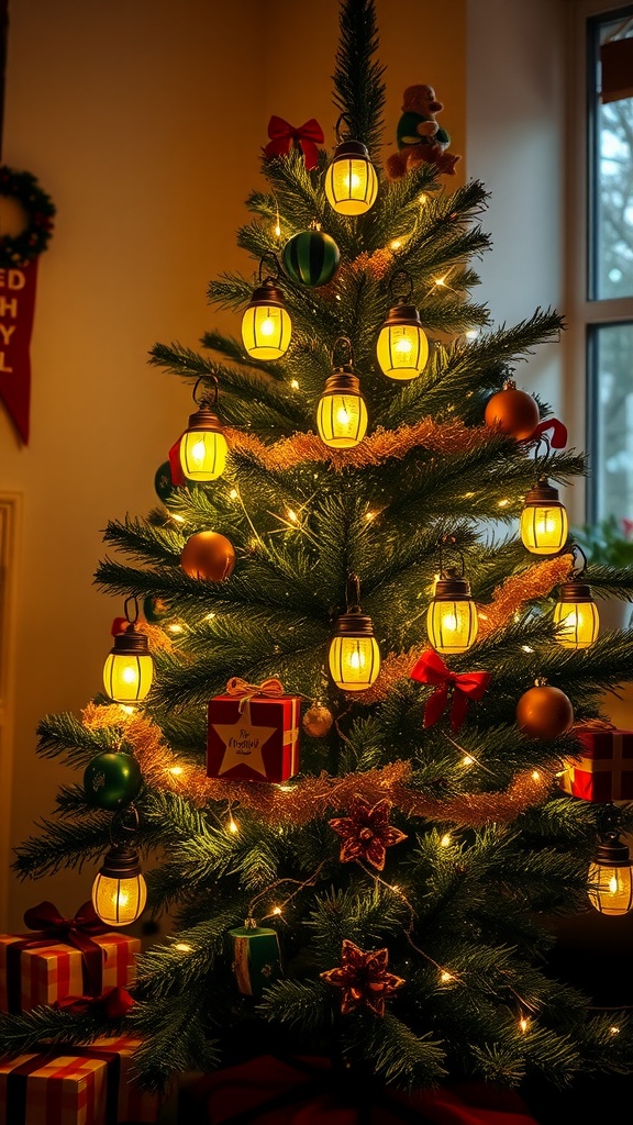 Christmas tree decorated with glowing lantern string lights and colorful ornaments