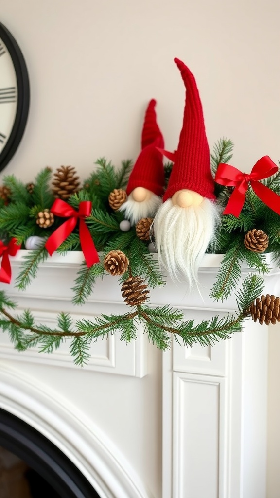 A festive Christmas mantel decorated with a gnome-themed garland featuring red hats, white beards, pinecones, and red ribbons.