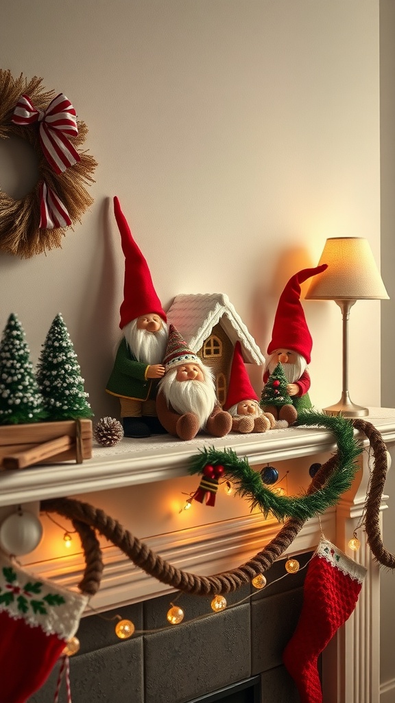 A Christmas mantel decorated with gnomes, a gingerbread house, evergreen trees, stockings, and festive lights.