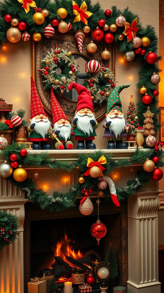 A festive mantel decorated with gnomes, greenery, ornaments, and a warm fireplace.