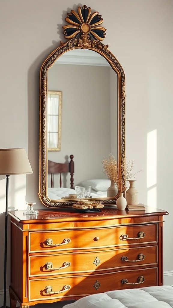 A beautifully designed gold mirror above a wooden dresser, with warm sunlight illuminating the decor.