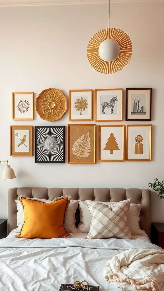 A cozy bedroom featuring a gallery of gold-themed wall art above a plush bed.