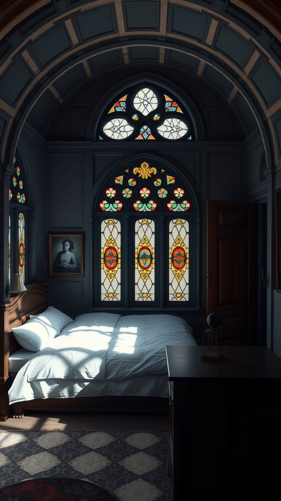 Gothic bedroom with stained glass windows and wooden furniture