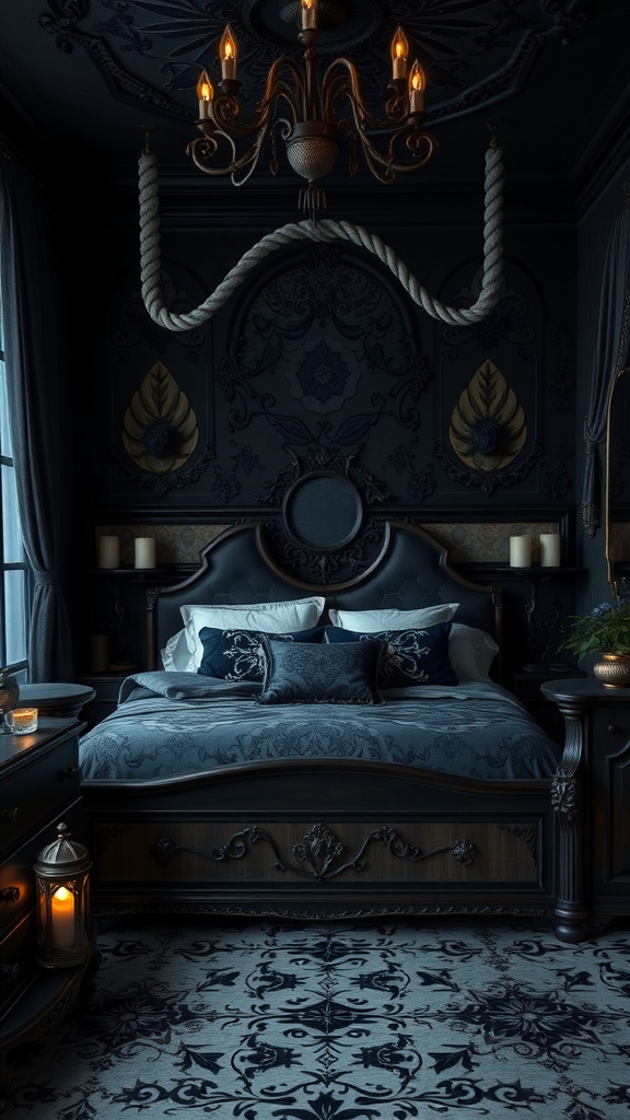 A gothic fantasy bedroom with dark walls, a luxurious bed, a vintage chandelier, and candlelight.