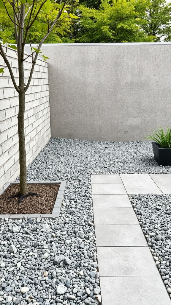 A gravel patio featuring a combination of pavers and a planted tree, surrounded by a clean wall.