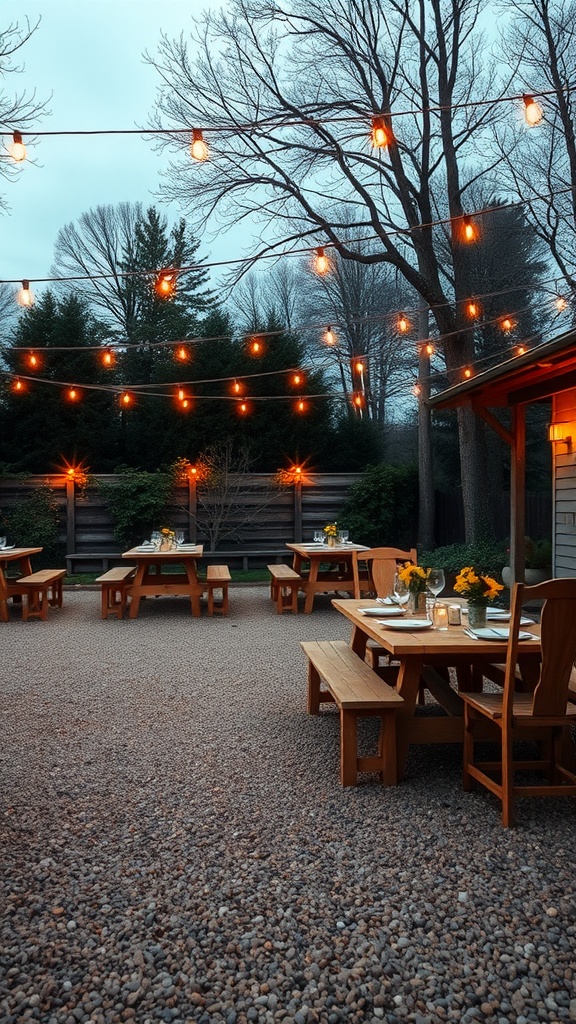 A gravel patio dining space with wooden tables, string lights above, and flower centerpieces.