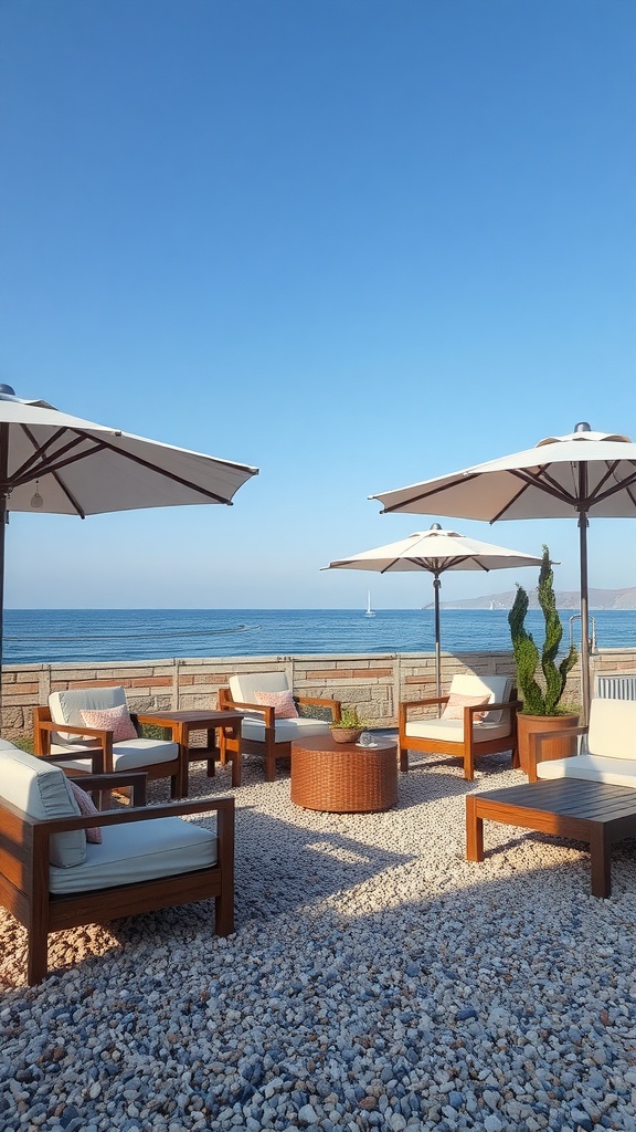 A cozy gravel lounge area with umbrellas and seating by the ocean.