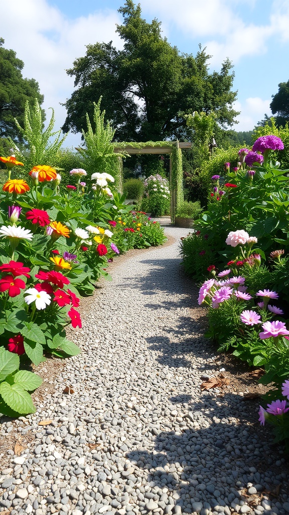 A gravel pathway lined with colorful flowers in a garden