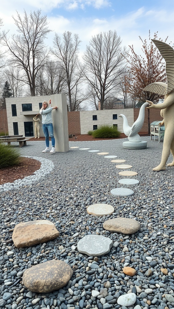 A gravel patio featuring decorative stones, a stone pathway, sculptures, and modern architecture in the background.