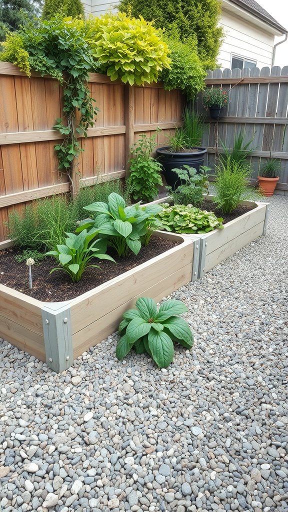 A gravel patio featuring raised garden beds filled with various plants and herbs, surrounded by a wooden fence.