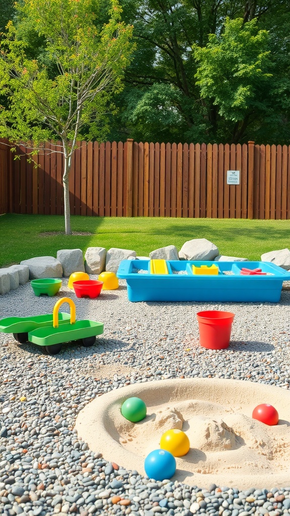 A colorful gravel play area for kids featuring a sandbox, balls, and toy carts