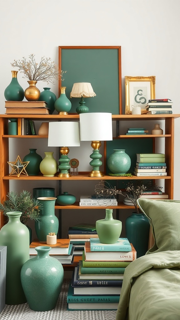 A collection of green-themed accessories including vases, books, and lamps arranged on a wooden shelf.