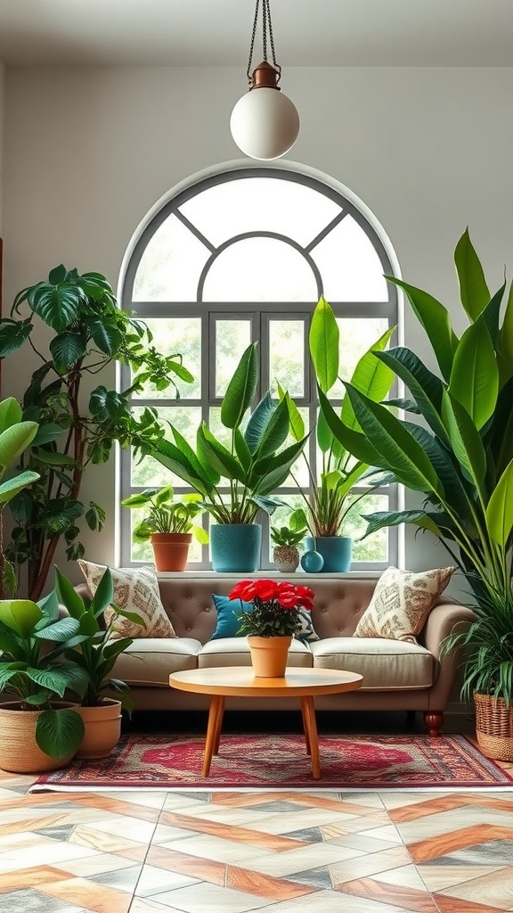 A cozy living room filled with various indoor plants and a comfortable sofa.