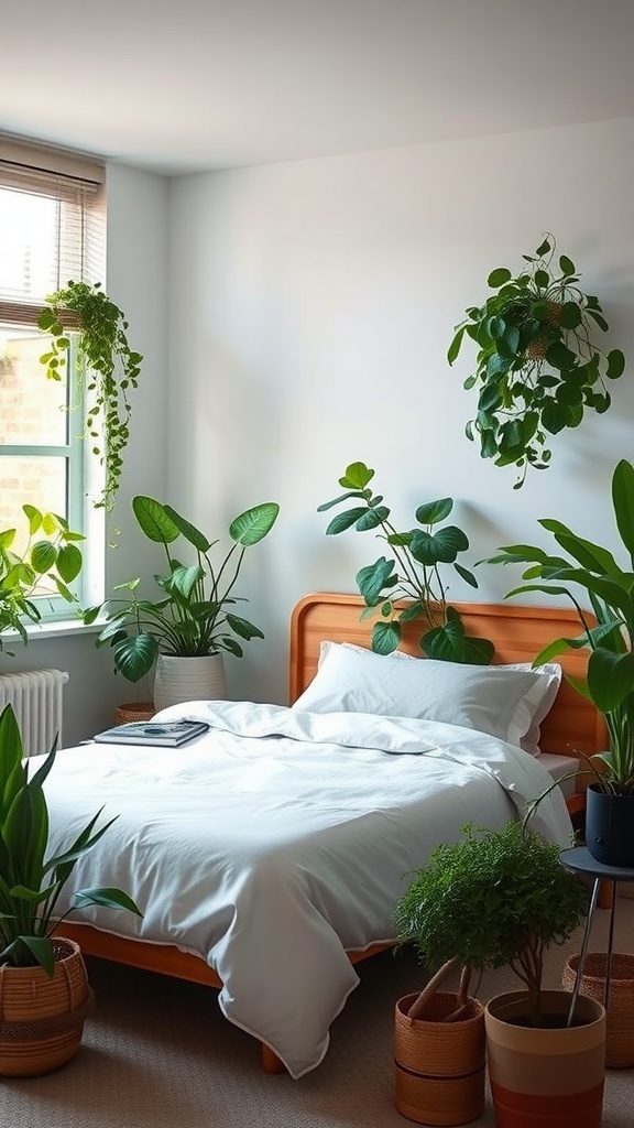 A cozy bedroom featuring various indoor plants, a wooden bed, and natural light coming through the window.