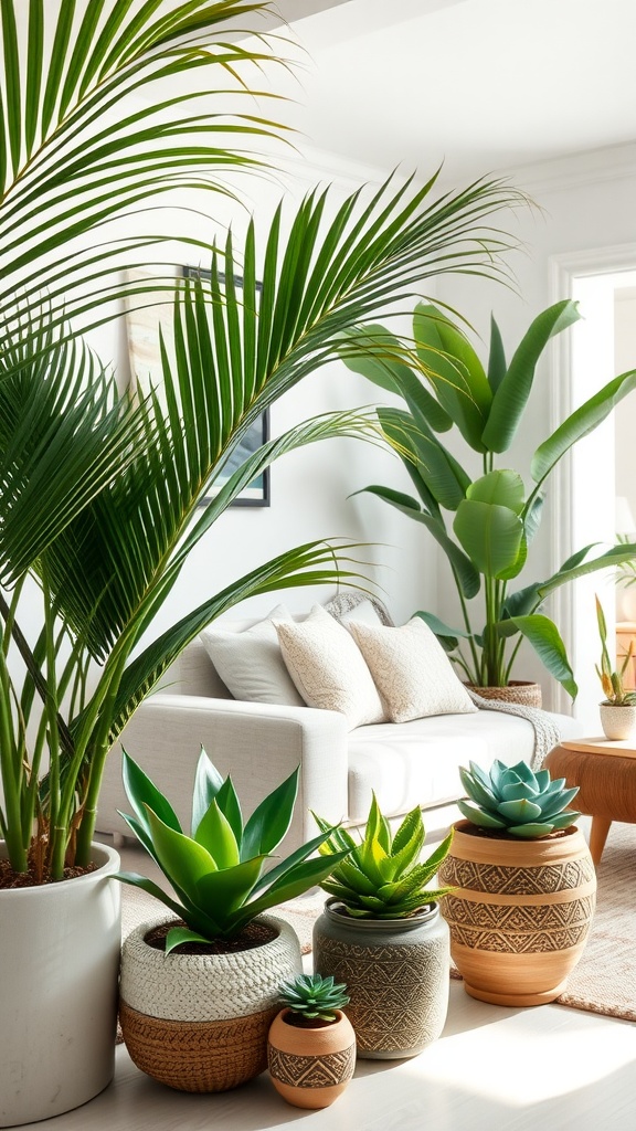 Living room featuring various indoor plants in decorative pots, creating a coastal chic aesthetic.