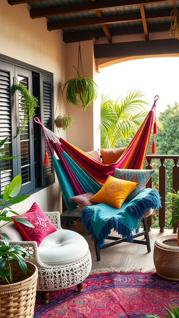 A colorful hammock and cozy lounge seating on a balcony, featuring vibrant cushions and plants.