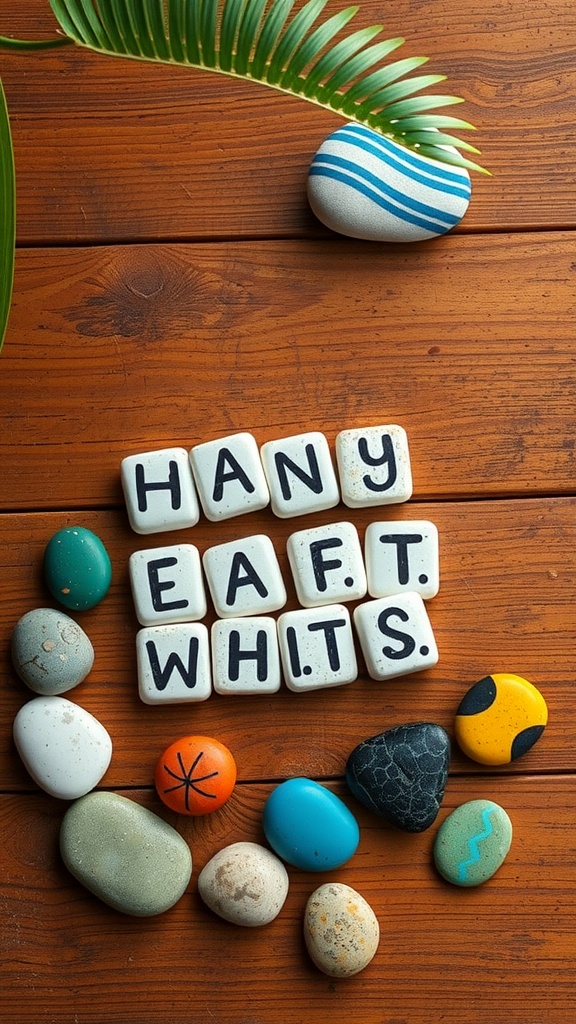 A collection of hand-painted stones with colorful designs and letters on a wooden surface.