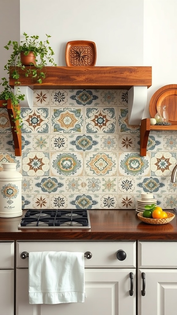 A farmhouse kitchen with a colorful handcrafted ceramic tile backsplash, wooden shelves, and a gas stove.