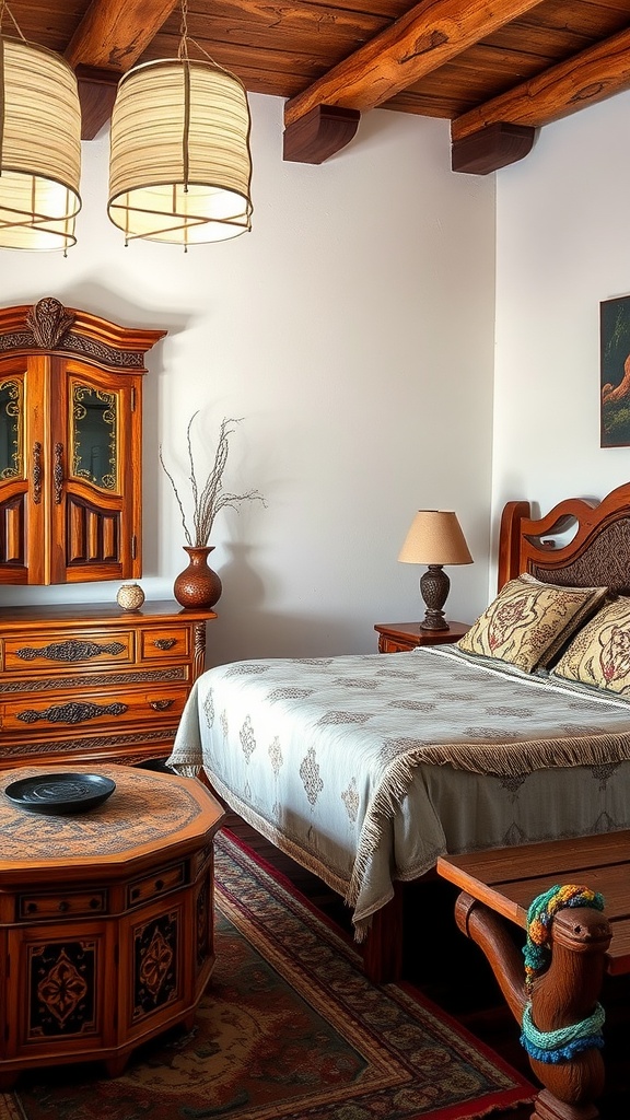 A southwestern bedroom featuring handcrafted wooden furniture, including a bed, accent tables, and decorative items, creating a warm and cozy atmosphere.