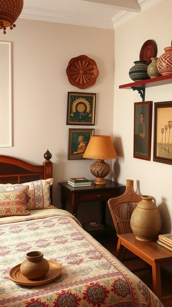 A cozy bedroom featuring handcrafted pottery and accessories, with a bed adorned with patterned bedding, a side table with a lamp, and decorative pottery on the walls.