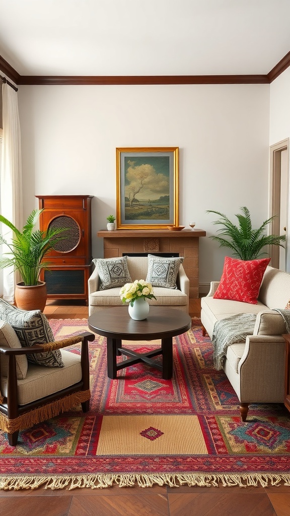 A cozy colonial living room featuring handcrafted textiles and a vibrant rug.