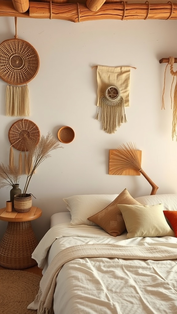 A rustic bedroom featuring handmade decorative elements such as woven wall hangings, a wooden bedside table, and earthy-toned cushions.