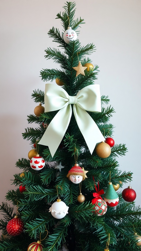 A Christmas tree decorated with a handmade paper bow and colorful ornaments