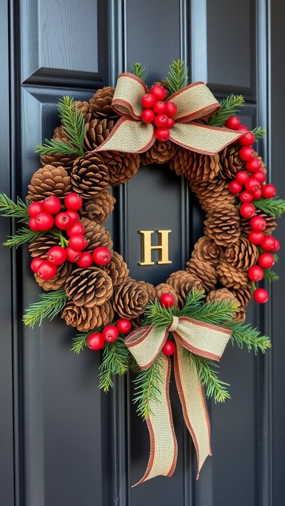 A beautifully crafted pinecone wreath adorned with red berries and a burlap ribbon, hanging on a black door.