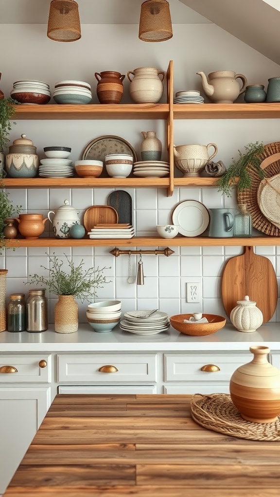 A boho kitchen featuring handmade pottery and dishes arranged on open shelves.