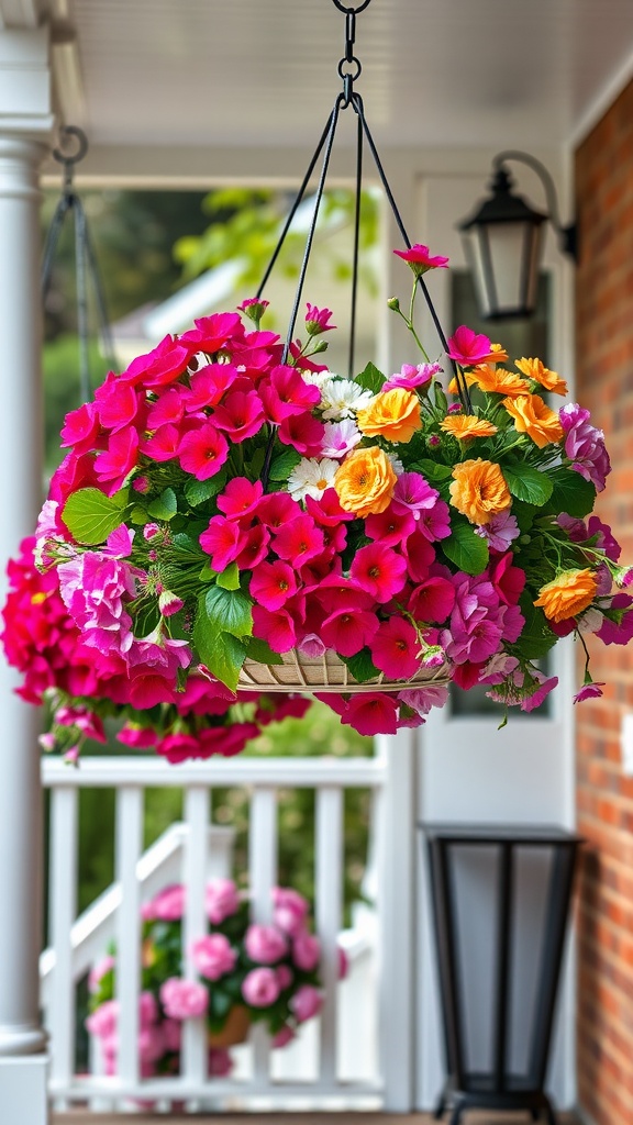 Colorful hanging flower baskets on a front porch