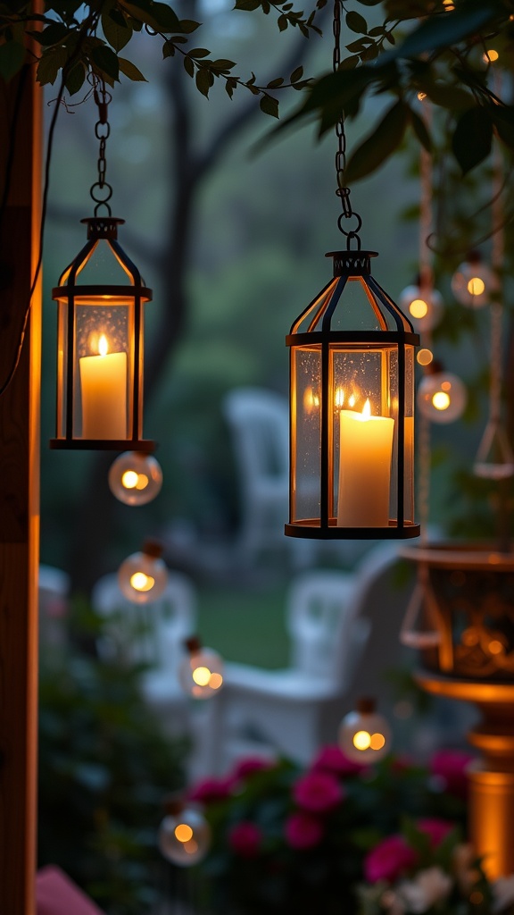 Two hanging candle holders with flickering candles, surrounded by soft lights in an outdoor setting.