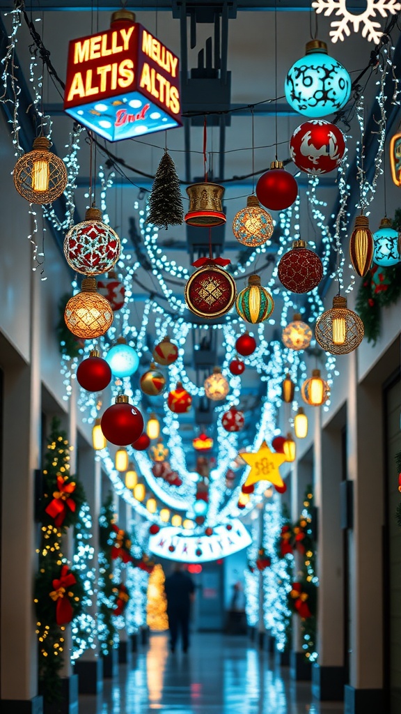 A festive hallway decorated with hanging lighted ornaments and blue string lights