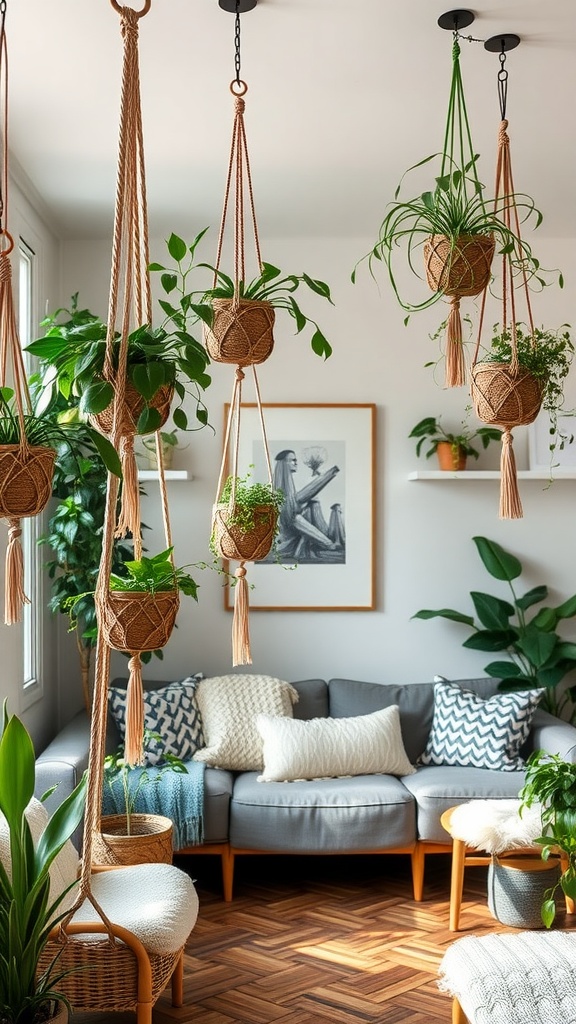 A boho living room featuring various hanging plants in macramé hangers above a cozy grey couch.