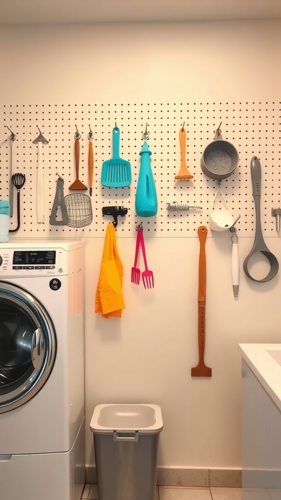 Pegboard with colorful tools and supplies organized in a laundry room