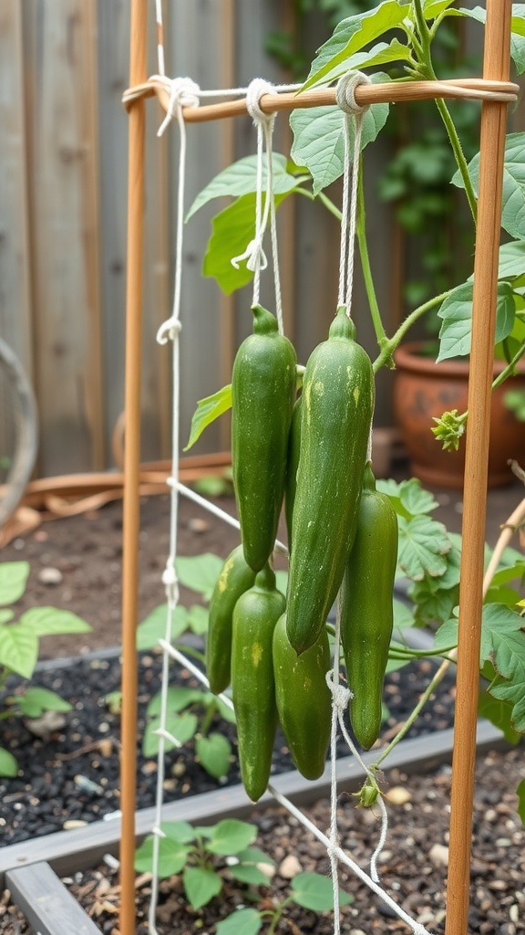 A hanging string trellis with cucumbers growing on it