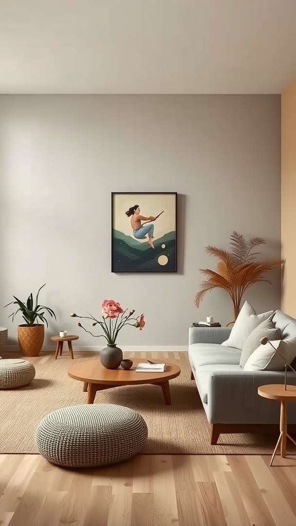 A cozy Japandi living room featuring soft colors, natural materials, and a calming atmosphere.