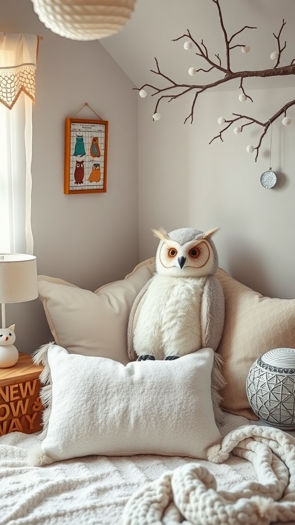 Cozy bedroom corner with a plush owl, pillows, and owl-themed decor