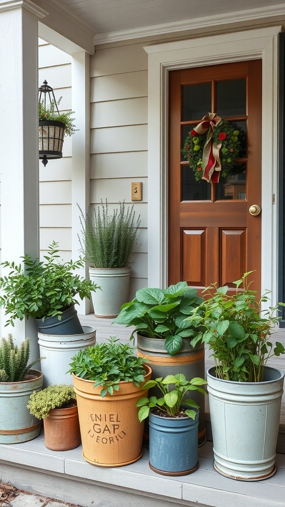 A collection of upcycled containers filled with various herbs on a front porch.